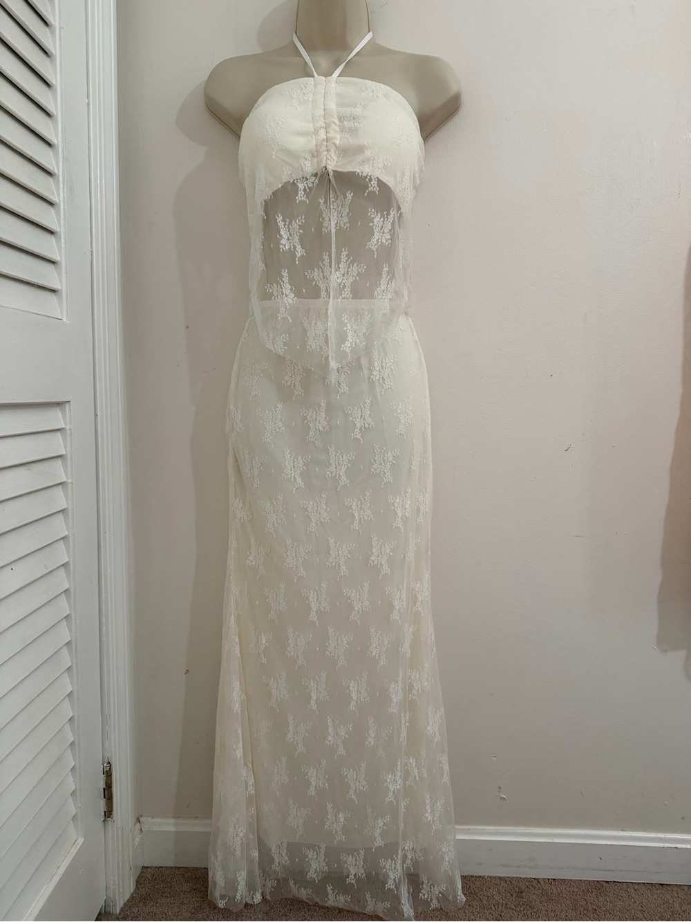 Ivory Lace Halter Sheer Maxi Dress